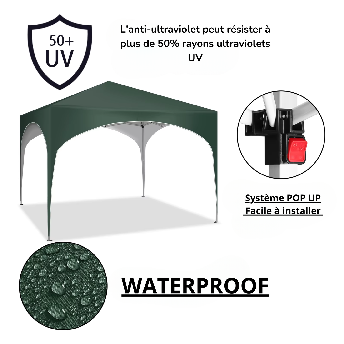 Pavillon de jardin pliable et étanche 3 x 3 m avec toit en demi-cercle pour marché et extérieur